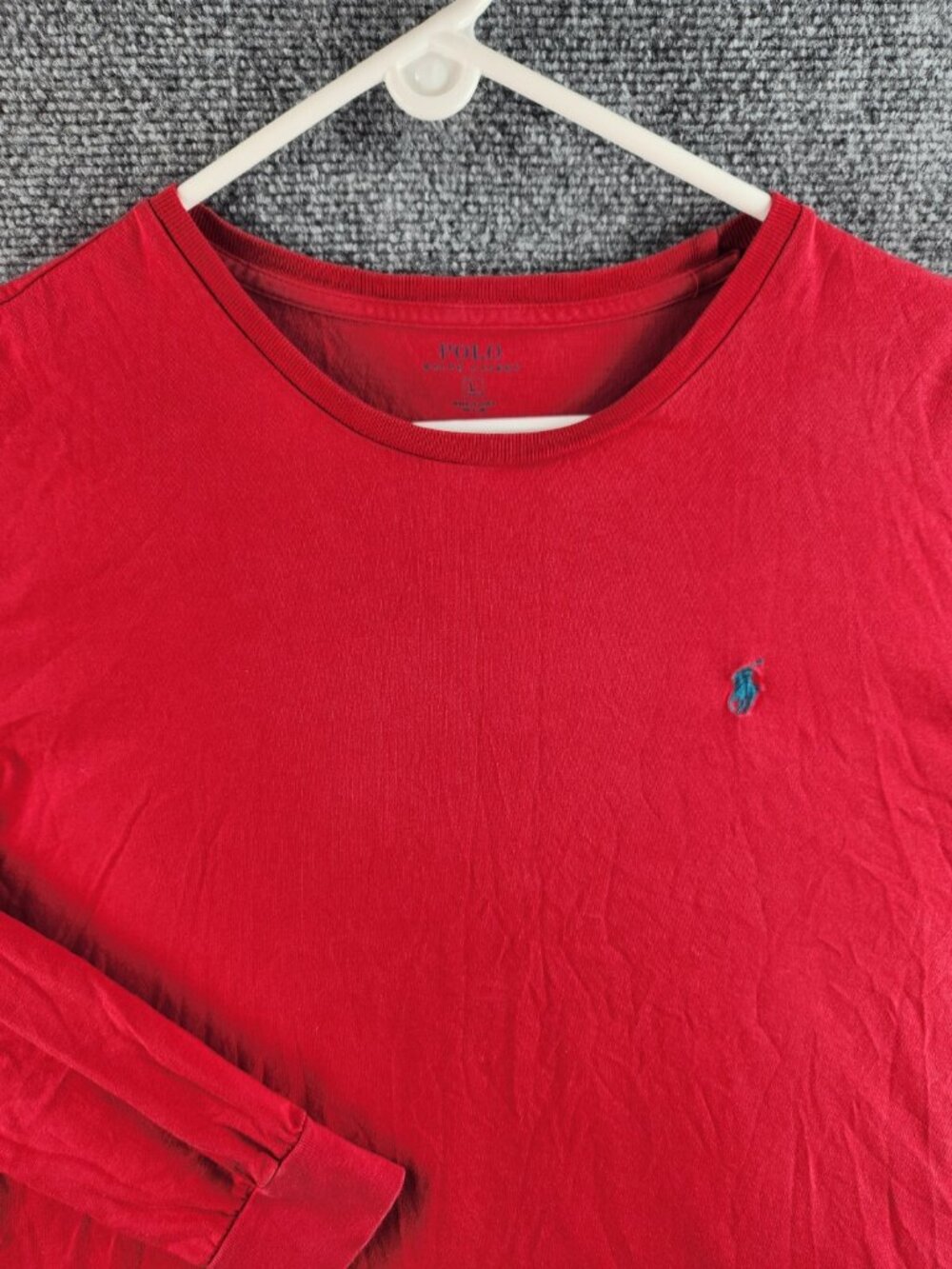 Polo Ralph Lauren Large Red Long Sleeve T-shirt Blue Pony Logo 100% Cotton Adult